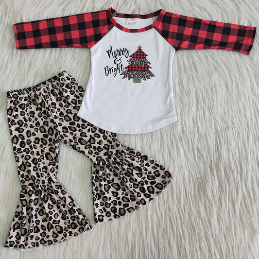 Boutique Baby Girl Clothes Set Cute Christmas Tree Print Kids Girls Clothing Long Sleeve Leopard Bell Bottom Outfit 6 A25-13