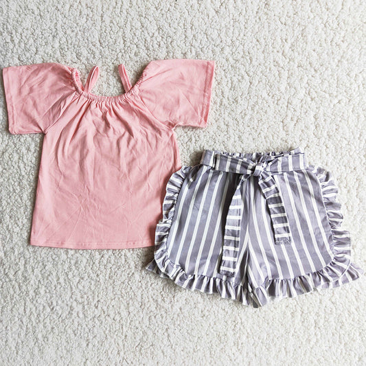 Boutique Baby Girl Clothes Set Belt Design Cute Girls Summer Clothing Pink Blue Sister Sibling Clothing D7-28