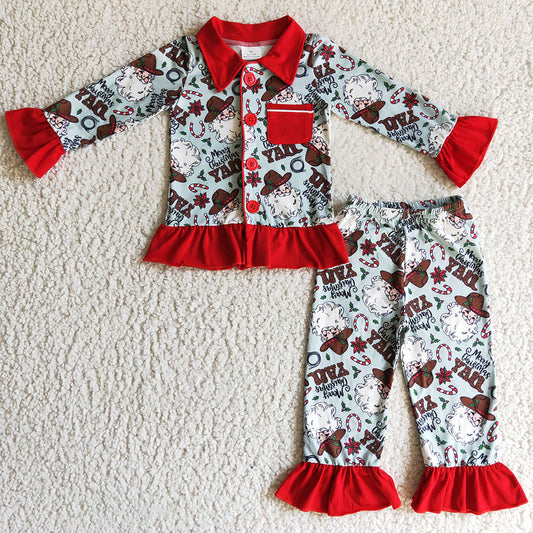 Boutique Girls Pajamas Santa Claus Print Cute Christmas Sleepwear GLP0216