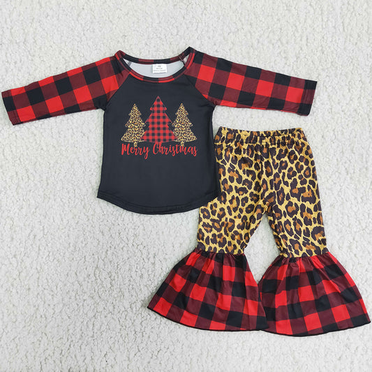 Boutique Girls Clothing Christmas Outfits Red Fashion Toddler Baby Girls Long Sleeve Leopard Bell Pants Set 6 B12-38