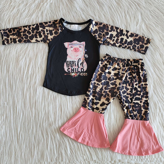 Toddler Baby Girls Clothes Wild Child Fashion Fall Girls Clothing Leopard Bell Bottom Pants Outfits Cute Pig Print Wholesale 6 A29-1