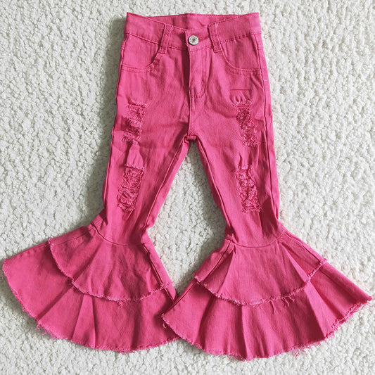 Boutique Baby Girls Denim Pants Pink Fashion Girls Jeans Bell Bottom Pants Double Ruffle D14-14