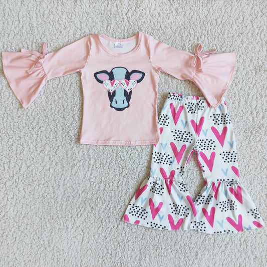 Love Cow Print Boutique Girls Clothes Valentine's Day Baby Girl Bell Bottom Outfits 6 A15-29