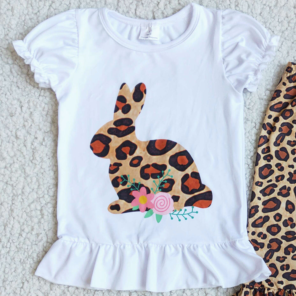 Easter Girls Boutique Clothing Leopard Bunny Print Short Sleeve Bell Bottom Pants High Quality Kids Set Fashion Girls Clothes