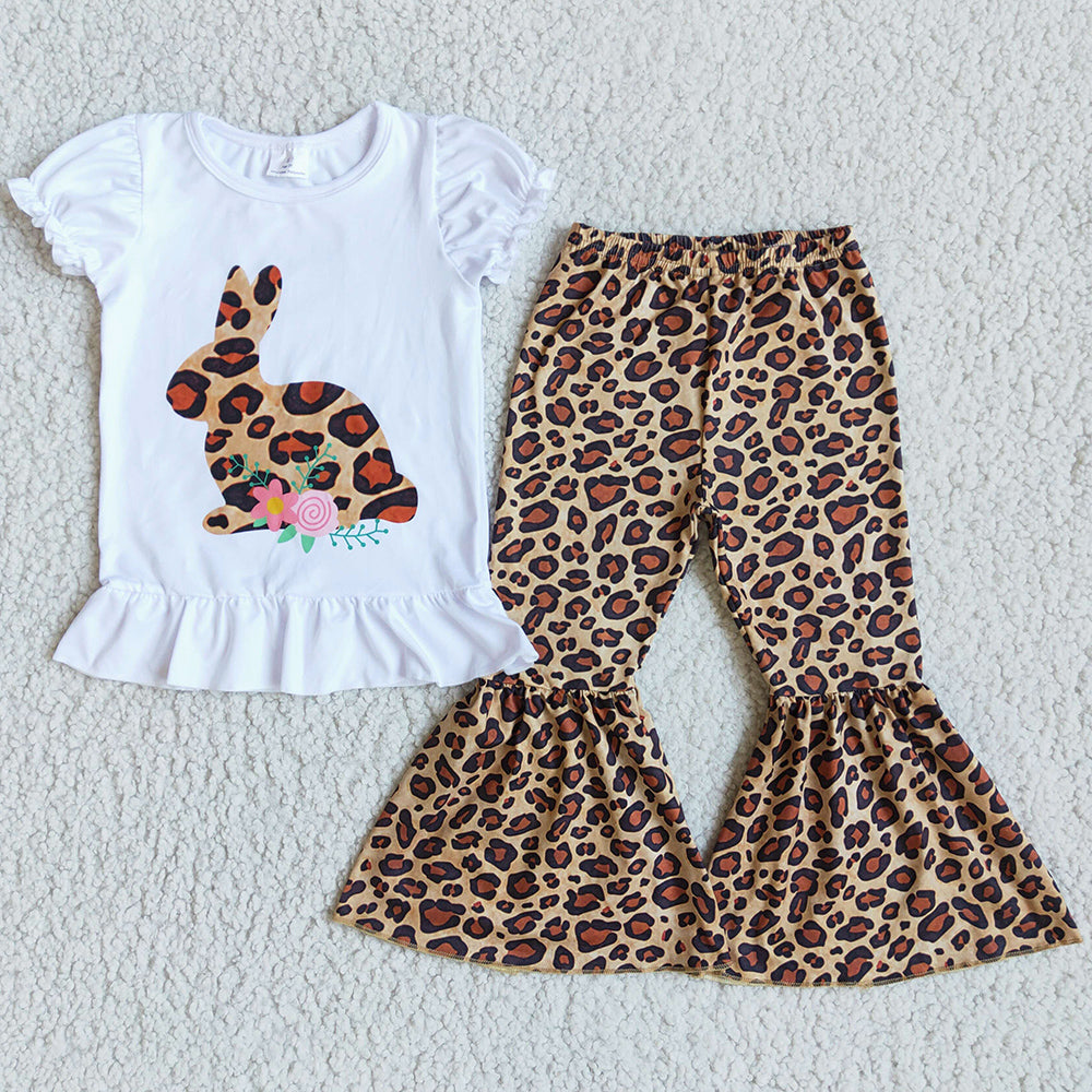 Easter Girls Boutique Clothing Leopard Bunny Print Short Sleeve Bell Bottom Pants High Quality Kids Set Fashion Girls Clothes