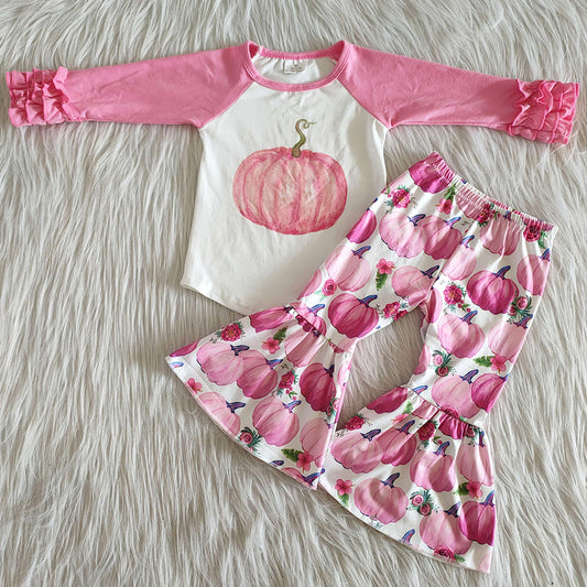 Boutique Baby Girl Clothes Set Pumpkin Print Toddler Girls Clothes Thanksgiving Day Fashion Girls Bell Bottom Outfits Wholesale 6 A8-30