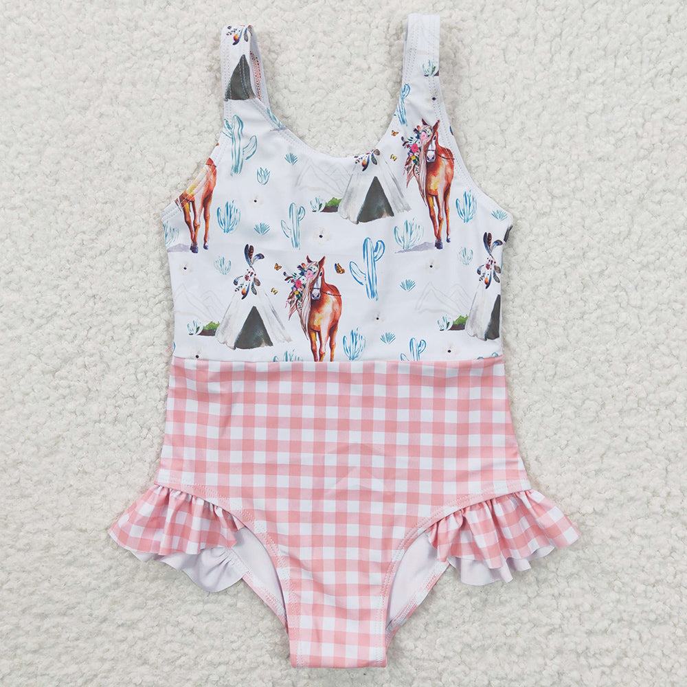 Girls Swimsuit Horse Cactus Fashion Kids Swimsuits S0118