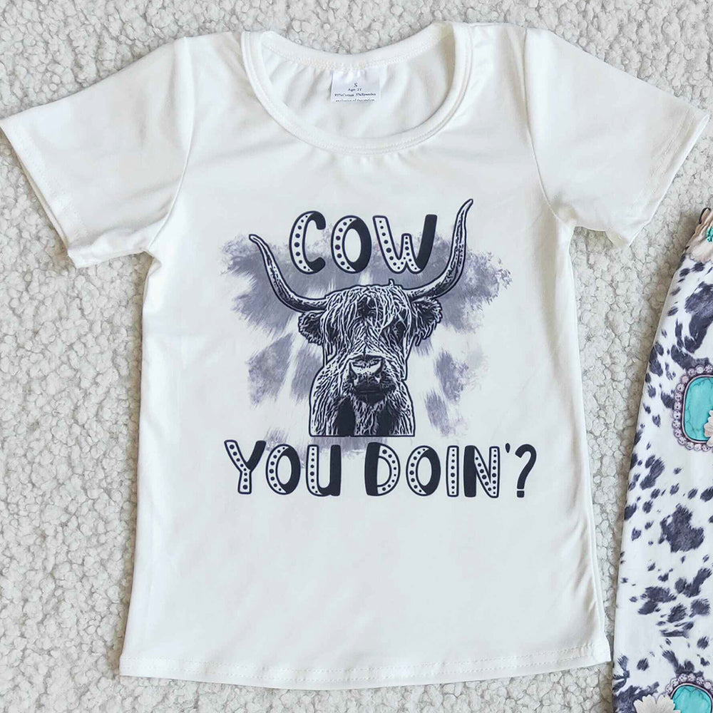 RTS Wholesale Baby Girls Designer Clothes Cow Print Boutique Girls Clothing Bell Pant Set Short Sleeve Cute Spring Girl Clothes E9-30