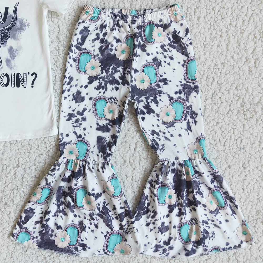 RTS Wholesale Baby Girls Designer Clothes Cow Print Boutique Girls Clothing Bell Pant Set Short Sleeve Cute Spring Girl Clothes E9-30