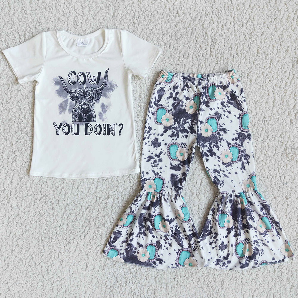 RTS Wholesale Baby Girls Designer Clothes Cow Print Boutique Girls Clothing Bell Pant Set Short Sleeve Cute Spring Girl Clothes E9-30