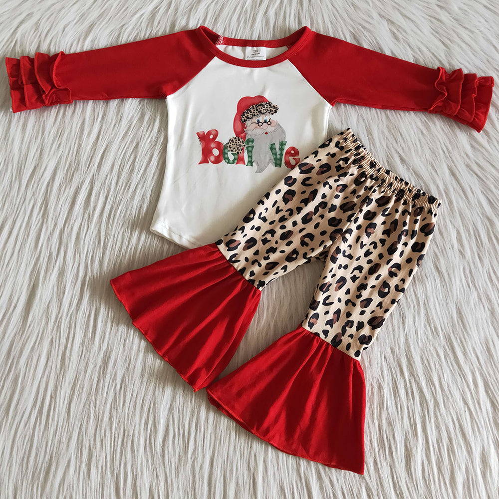 Christmas Baby Girls Clothes Santa Claus Cute Kids Clothes Girls Boutique Leopard Bell Bottom Outfit 6 A19-27