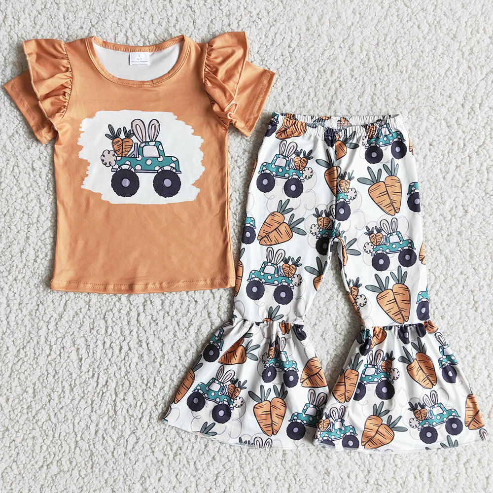 New Fashion Baby Girl Clothes Short Sleeve Bell Pants Sets Spring Easter Rabbit Print Cute Girls Clothing Toddler Baby Outfits