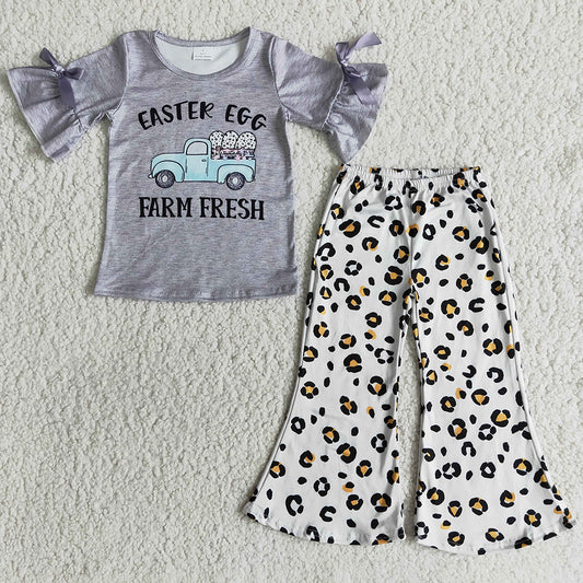 Fashion Toddler Girl Clothes Set Easter Egg Short Sleeve Top Leopard Pant Girls Outfits Cute Bunny Baby Girl Clothes Wholesale E9-17