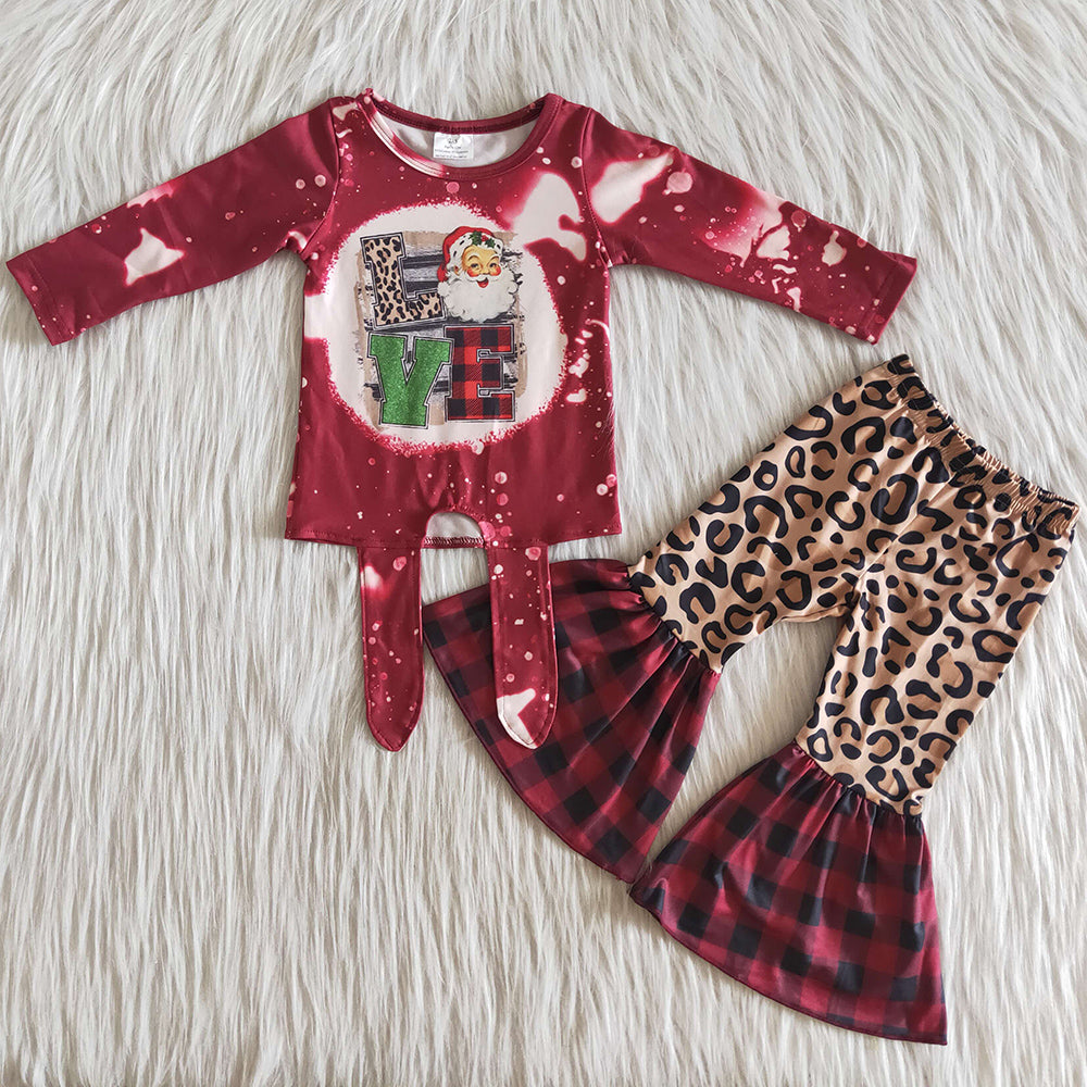 Hot Sale Baby Girls Clothes Love Santa Claus Cute Toddler Girls Clothing Christmas Boutique Leopard Bell Pants Set 6 A1-15