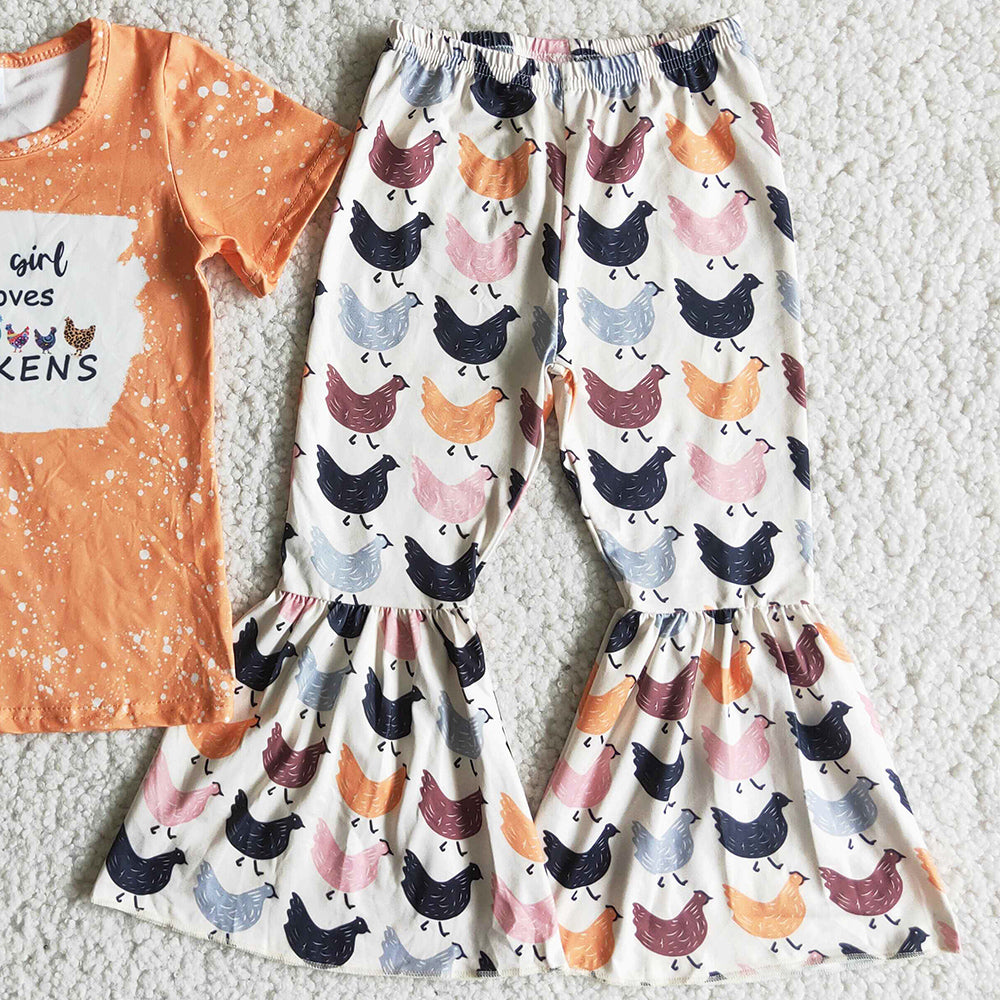 Baby Girls Clothes Spring Summer Toddler Girls Clothing Bell Sets Girls Loves Chicken Boutique Kids Clothing A2-9