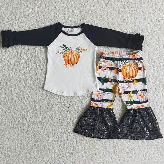 Wholesale Children Clothing Girls Boutique Outfits Pumpkin Print Baby Girls Clothes Sequins Bell Pants Set 6 A20-29