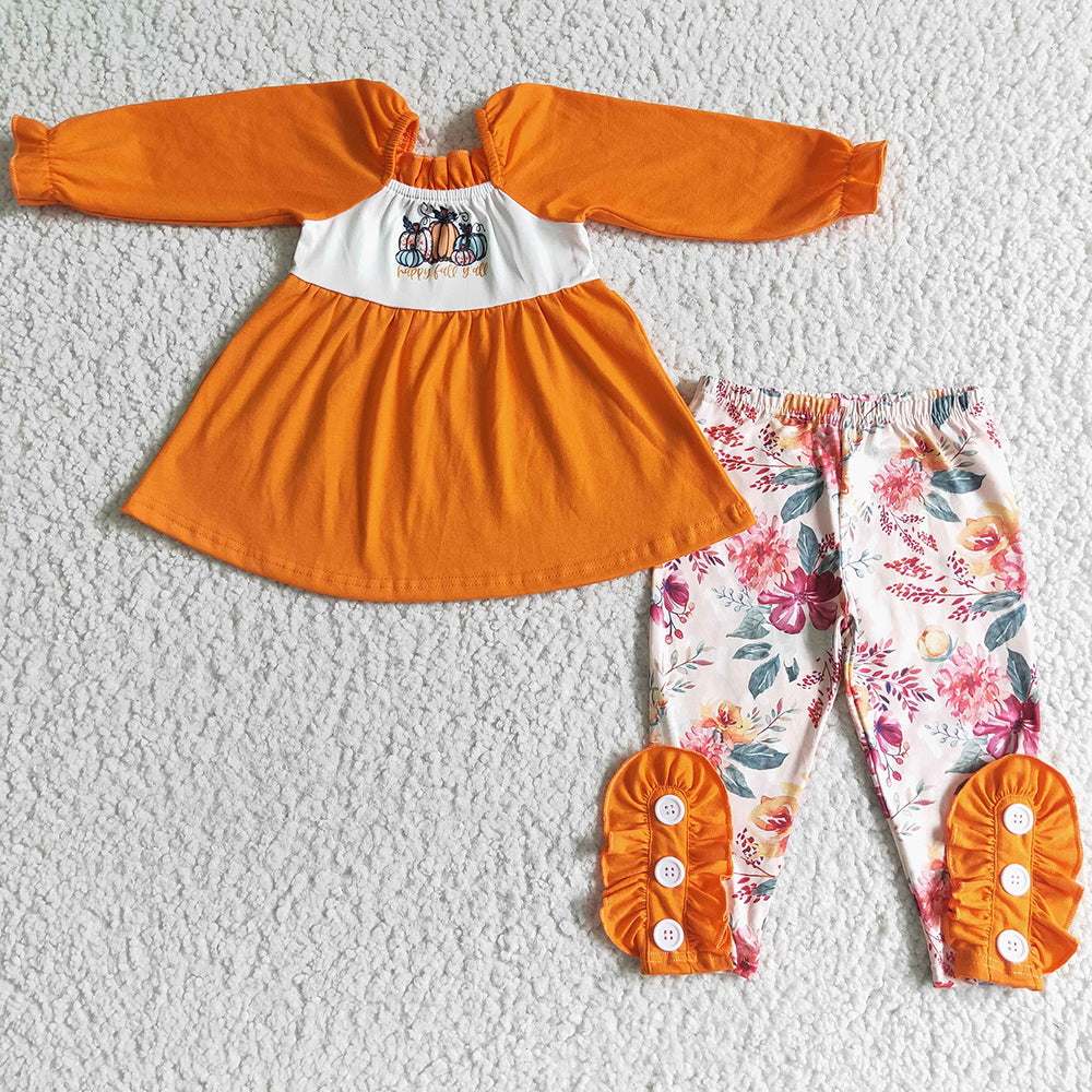 Pumpkin Print Girls Clothing Halloween Kids Outfits GLP0024