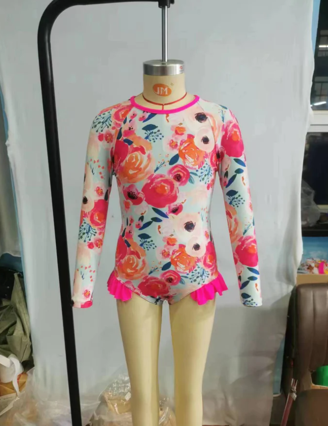 Baby Girls Swimsuits Pink Flowers Long Sleeve One Pieces Swimsuit S0083